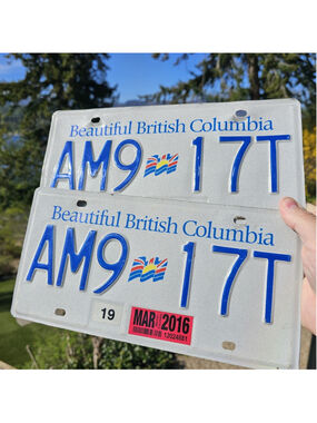 British Columbia License Plate Pair AM9 17T Matching Set W/ 2016 Tag BC Canada